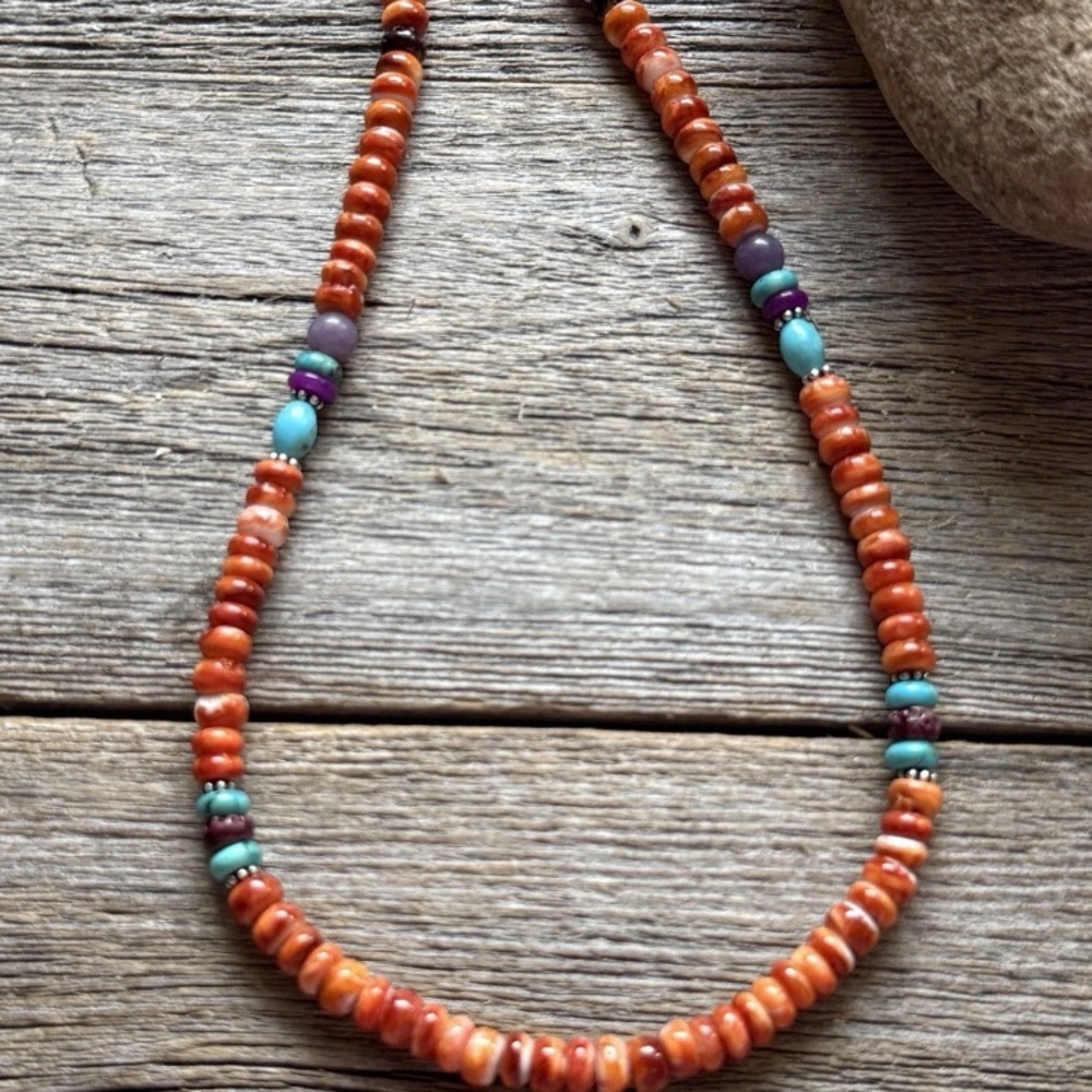Orange Spiny Oyster Multi Stone Color Sterling Silver Bead Necklace 18 inch Gift - Picture 9 of 12